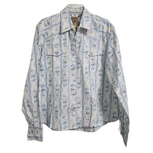 Moda Tech Western Shirt Women XL Blue Floral Stripe Pearl Snap Long Sleeve NEW